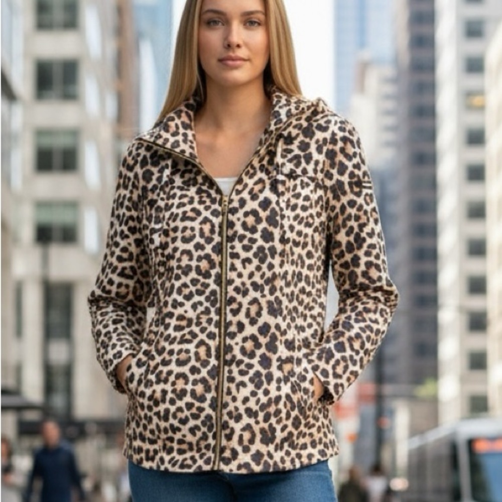 New VIA SPIGA Water Repelent Leopard Packable Zip Front Anorak Jacket Size:  XS